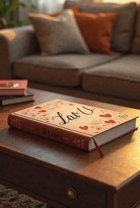 A book placed on a coffee table with the title "Luv U" et le nom de l'auteur est Steeve