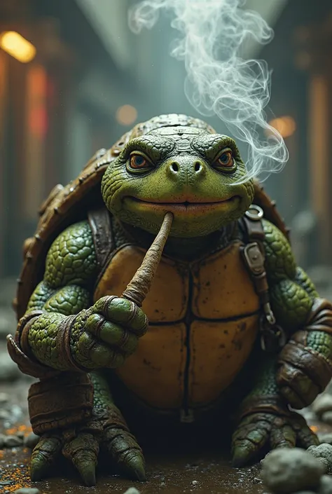 age Mutant Ninja Turtle smokes a big joint of grass