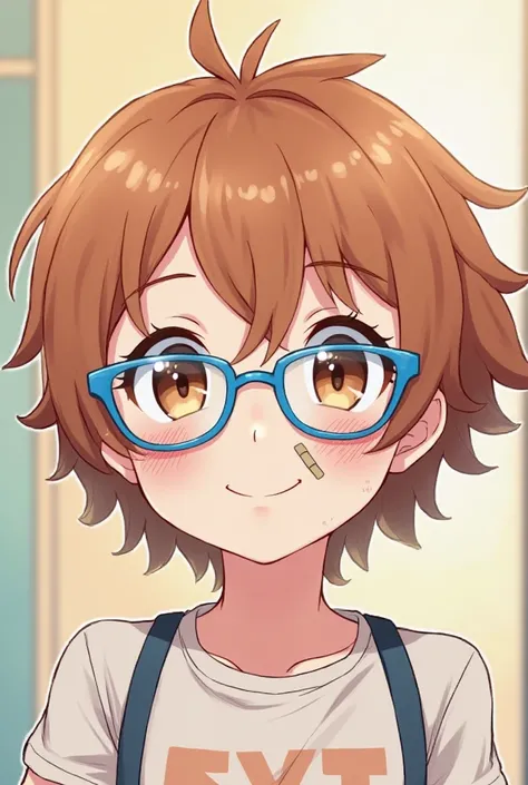 Anime character with short hair, blue aviator glasses and band-aid on the nose, smiling