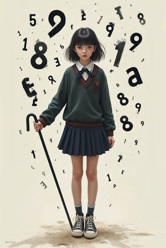 Create a girl, with school Jumper, And some converse sneakers with cane and black integers