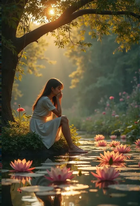 In the garden beautiful flowers peace lilies, a simple young woman, sad, Sitting under a tree, thoughtful, The lights of the sky and the stars illuminating with the rays of light, Flower lily embroidered with golden threads, In the garden there is a beauti...