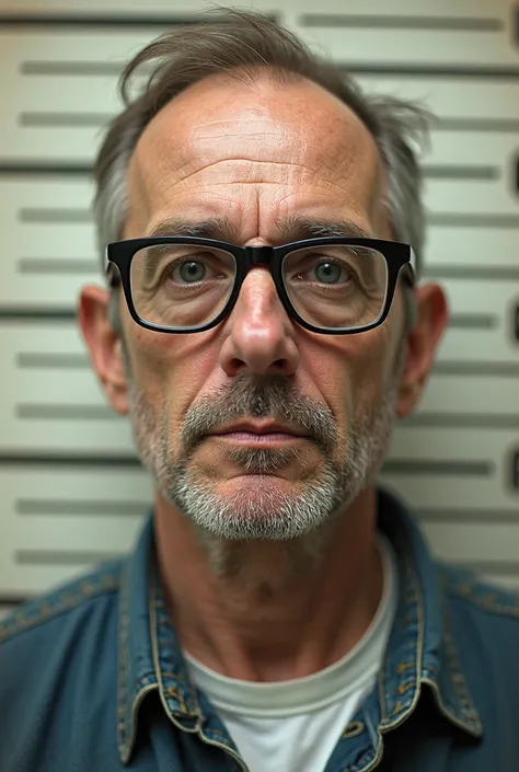 a close up of a man in glasses standing in front of a mug, a colorized photo inspired by Samu Börtsök, flickr, naive art, photo of a 50-year-old white man, criminal mugshot, scott fischer, about 3 , serial killer, dale gribble, mugshot!!!!!, mugshot!!!, mu...