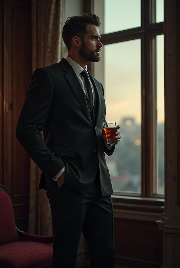 Tall and strong handsome man in well-groomed black suit with whiskey base as he looks into the distance through his window  