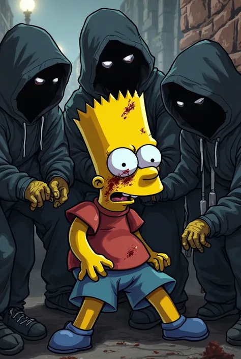 An image of Bart Simson being hit by a group of thieves wearing hoodies and balaclavas and Bart Simson with injuries 