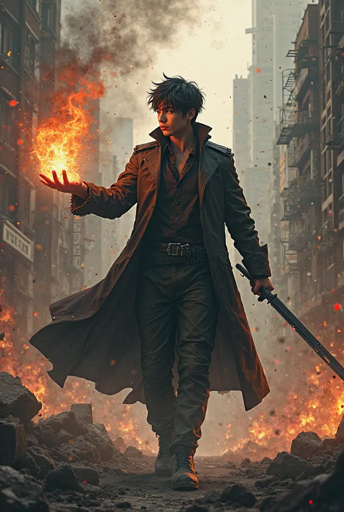 Young man with bronze colored skin and black short hair in a dark full coat having a dark bladed sword in one hand while his other one holds red flames in an apocalyptic city
