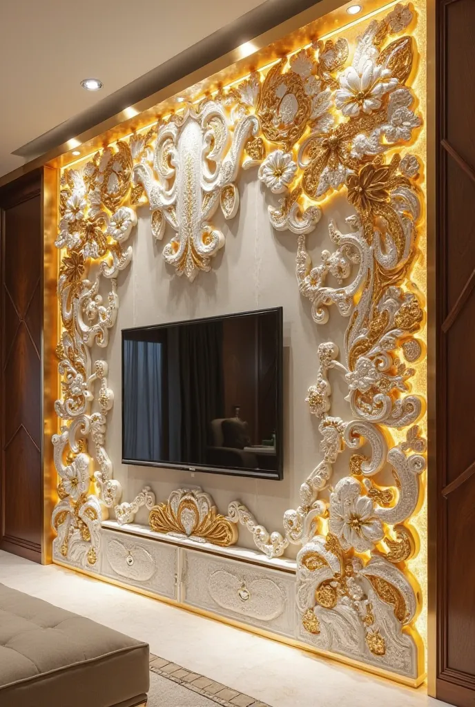 A unique TV wall designed with golden and silver crystal work, with fine diamonds attached to it, which shine in the light from every angle