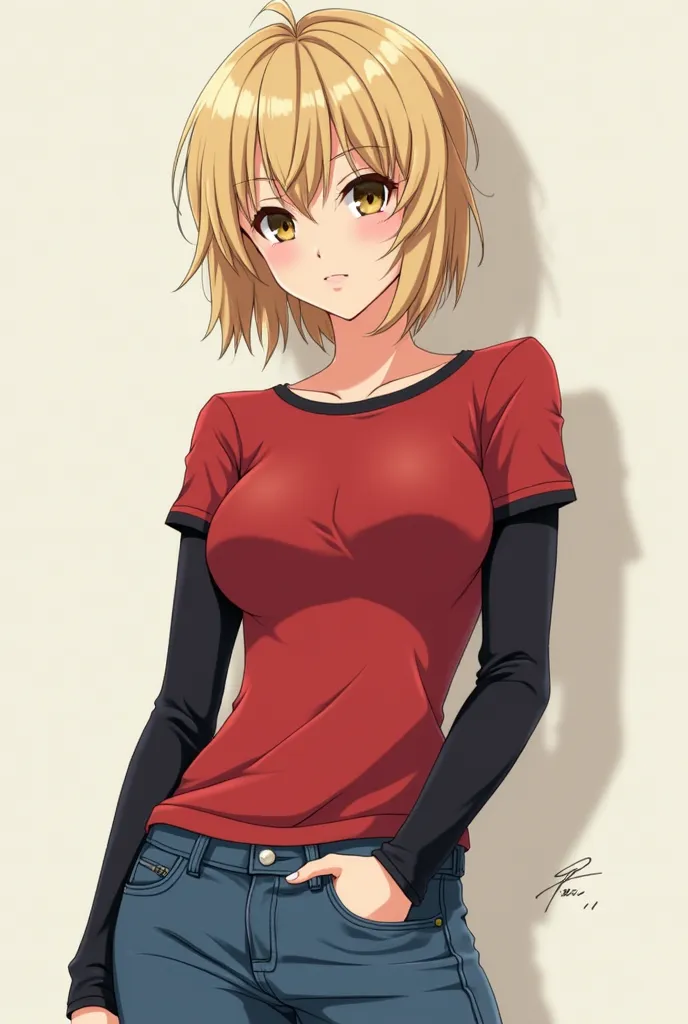 Beautiful adult anime-style girl with short, blond layered hair, with a red shirt in the center and long black sleeves, tight blue jeans , medium breasts and slim body