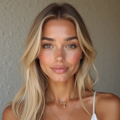 A realistic portrait of a 20-year-old woman with Spanish and French heritage. She has a lightly tanned complexion, large expressive hazel eyes, well-shaped eyebrows, and full natural lips. Her long, straight blonde hair falls gently over her shoulders. She...