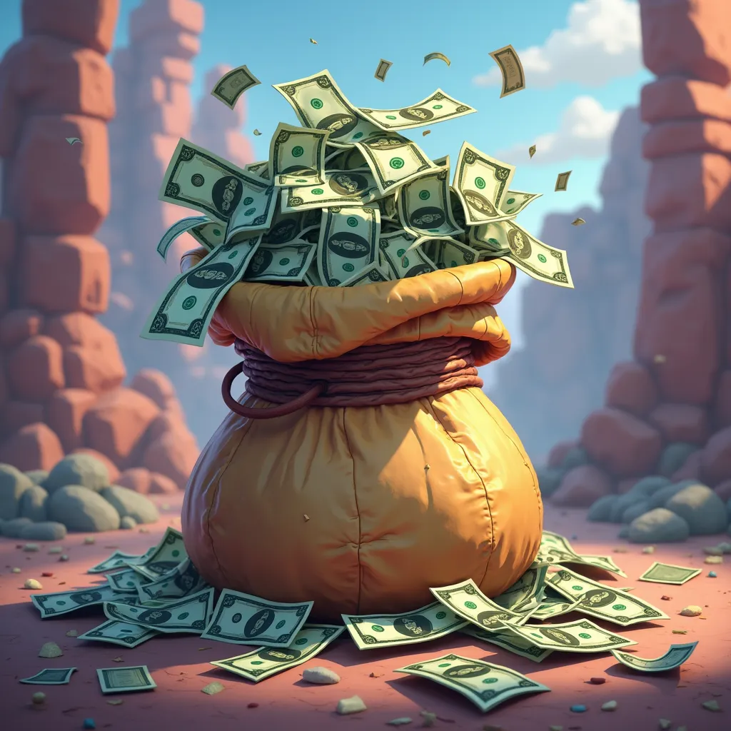 bag full of 3d cash dollars icon in game art style