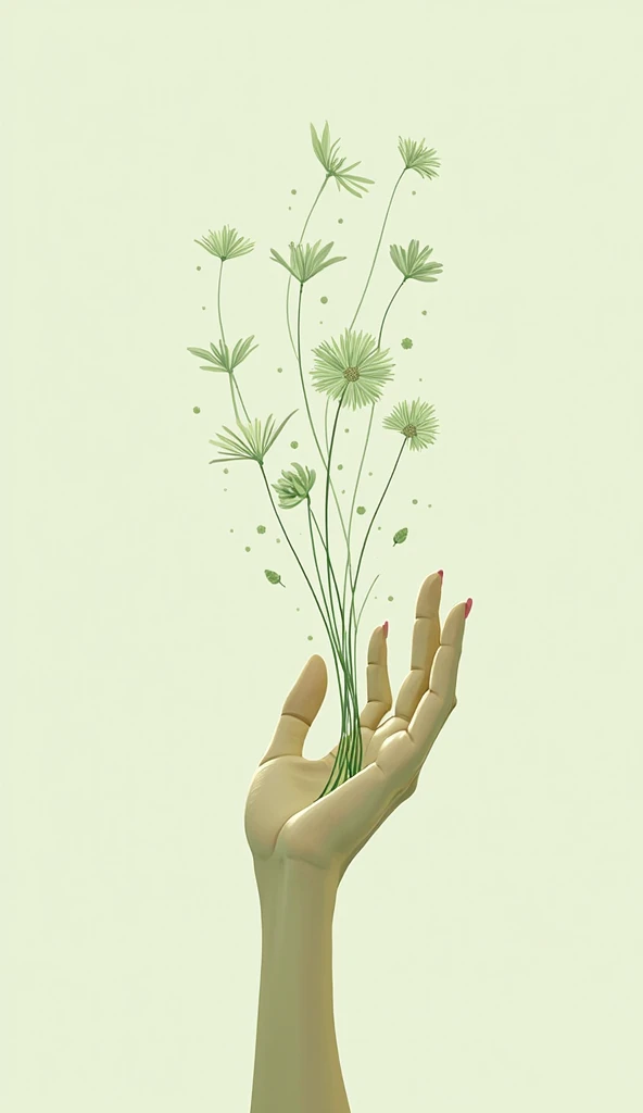 Draw for me a delicate hand with flowers rising from the palm of your hand, soft colors, like shades of green,  Simple illustration  , True tone in the background 