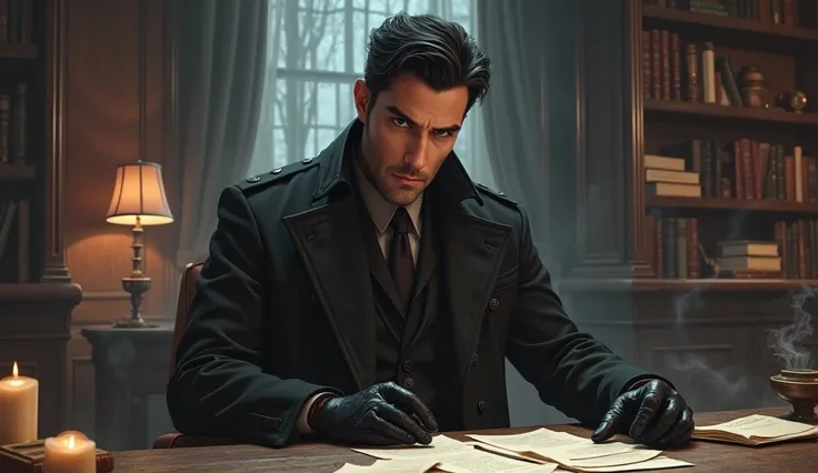 Middle-aged black hair pretty men in black leather gloves and XX coat. He standt in elegant detective office. Papers, sheets, candles and smoke