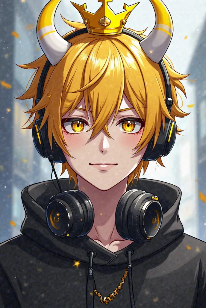 Create a male anime that has yellow hair, white and yellow horns, that has a Roblox crown, black lenses and black headphones, black clothes.