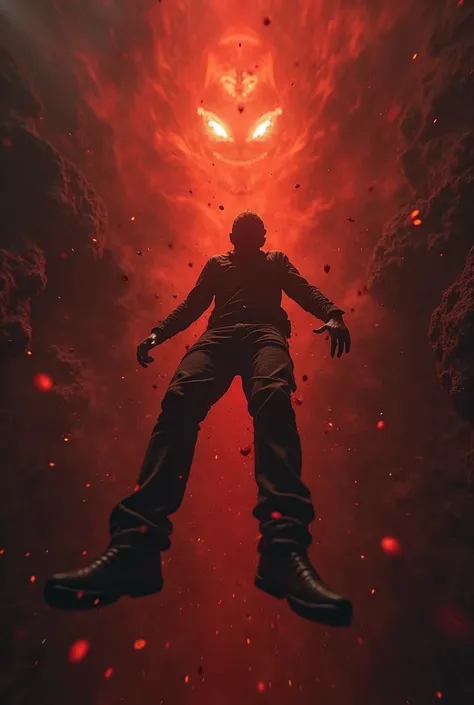 Ultra-realistic first-person POV (hands visible when looking down, feet occasionally in frame), character free-falling into a dark and fiery abyss, shaky camera effect with heavy breathing, fisheye lens distortion, embers and smoke swirling around, blood d...