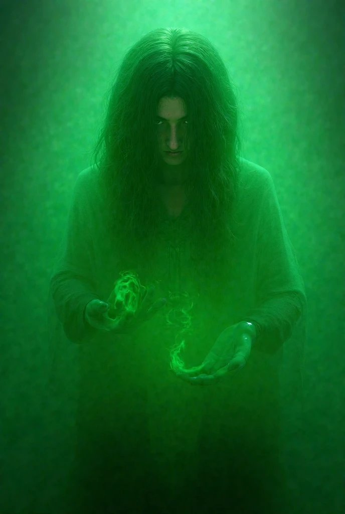 A half-abysmal 3dt character and necromancer with green hair and eyes in his 20s and long-haired men with demonic features in his appearance without weapons and a green flame in his hands 