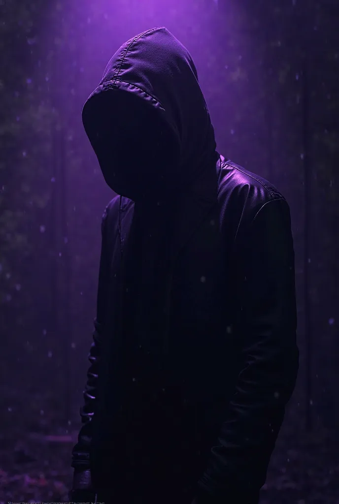 A person with a black jacket and hood whose face cannot be seen and is illuminated by a violet light without eyes 