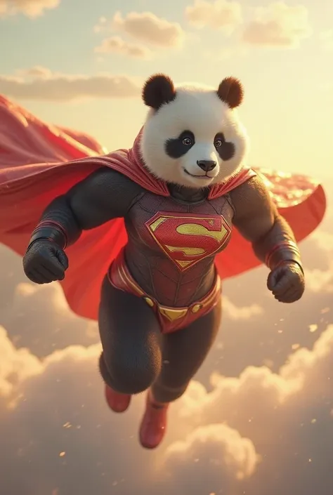 A female panda in sexy superwoman costume flying in the sky