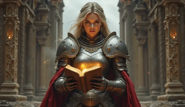 Woman is dressed as war armor , She is standing in front of a door the door is open in one hand she is holding a local illuminated Bible Of course the image is behind her