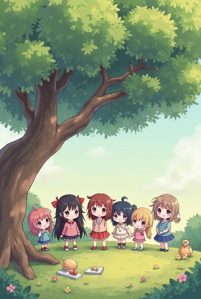 Cute chibi girls stand on the under the tree encartoony-fp16 style 