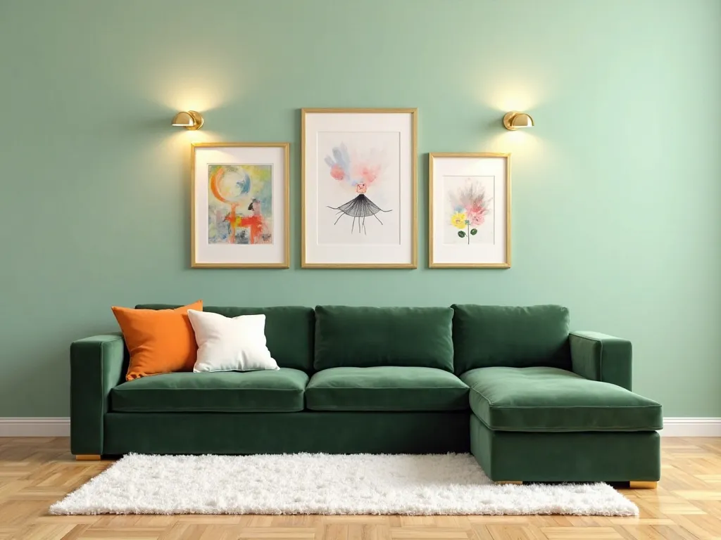 There is a light green wall. In front of the wall is a dark green L-shaped sofa. There are 3 large, modern gold-colored frames on the wall. There are multicolored drawings inside the frames. There are gold-colored light fixtures next to the frames. There a...