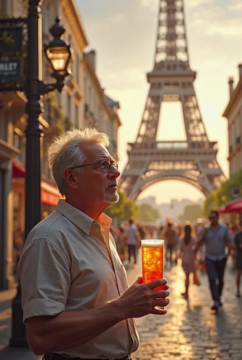 Brusley drinks juice under the Eiffel Tower