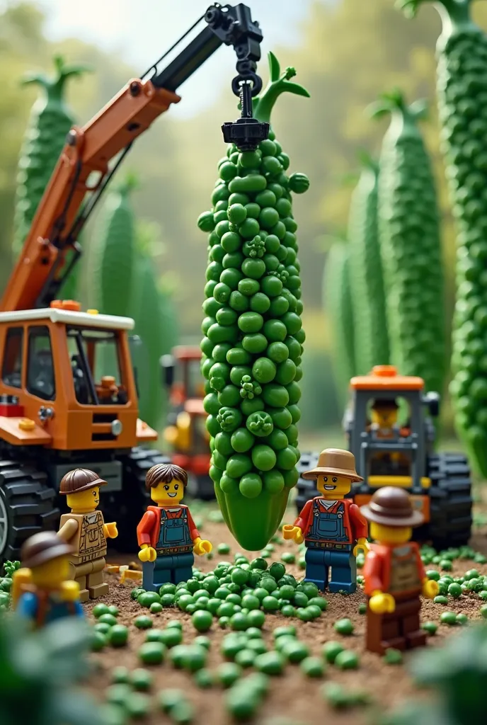 miniature lego people picking giant green peas. with machines with a crane with a ladder