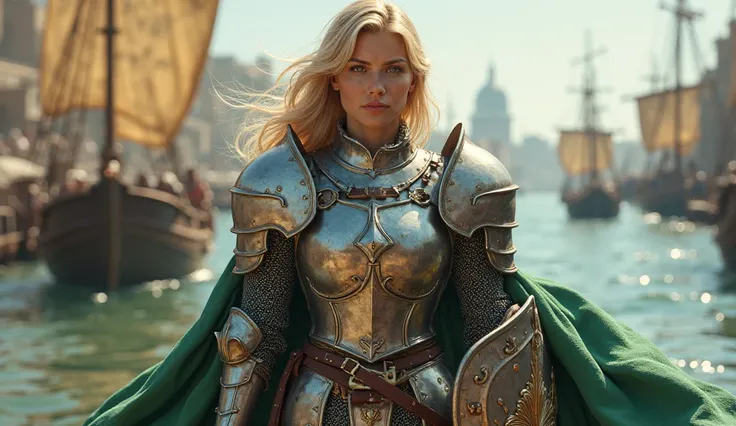 Crusader, Blonde Woman is dressed as war armor , she got mace and shield, green cape, She is standing in the harbor