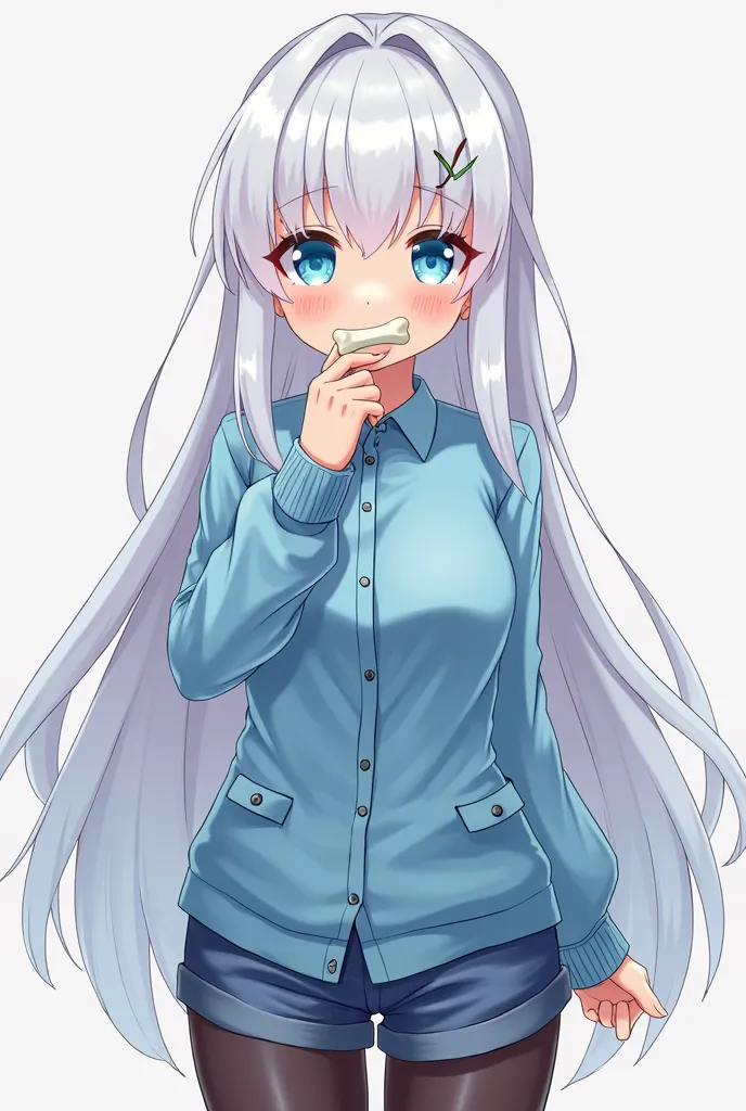  Female character , long white hair shirt ,short blue shirt ,long blue sleeves ,  shorts with black tights ,(And what about anime with light blue eyes and also that it doesn't look so sexy with a chachoro bone in its mouth)  (cute)