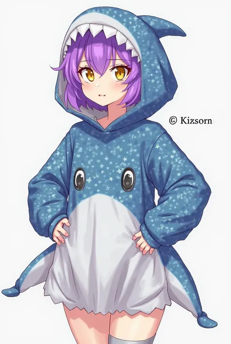 A digital drawing of a girl with short purple hair, yellow-eyed and dressed as a shark 