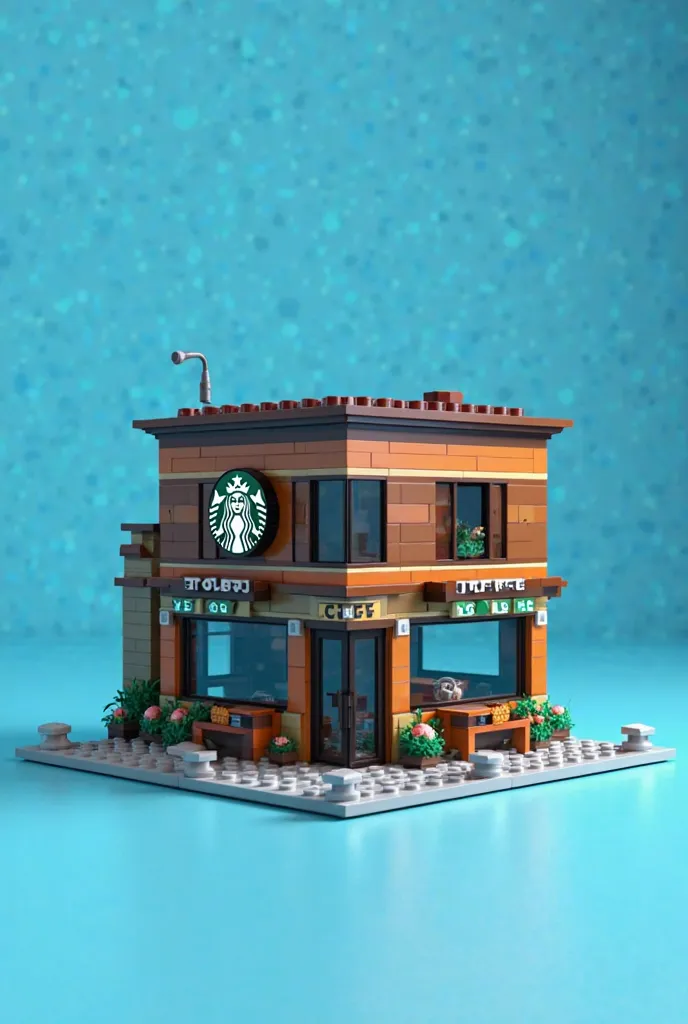 cafe, exterior of Starbaks in the form of Lego on a blue background.