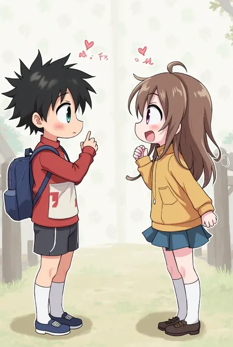 Black haired black eyed anime boy and brown haired green eyed anime girl joking around