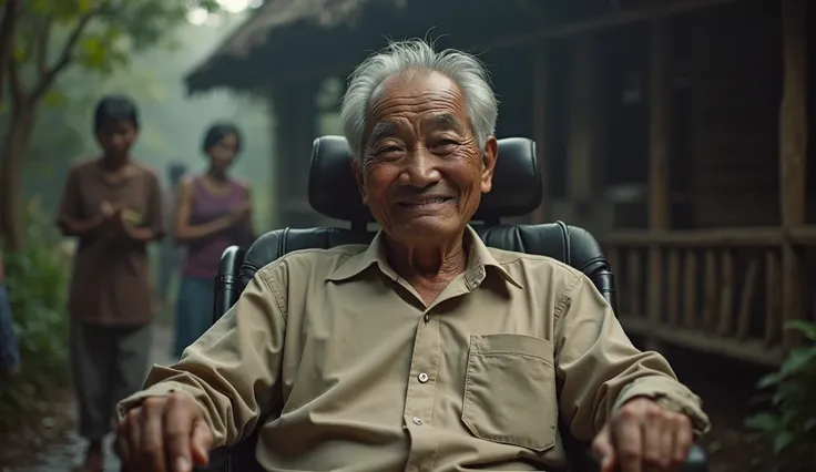 An Indonesian man aged 60 years with full authority, wearing a beige shirt , gray hair, sitting in a wheelchair with a smile, surrounded by mystical atmosphere with dark light, background of house and rural village people cheer happily facing the camera, h...