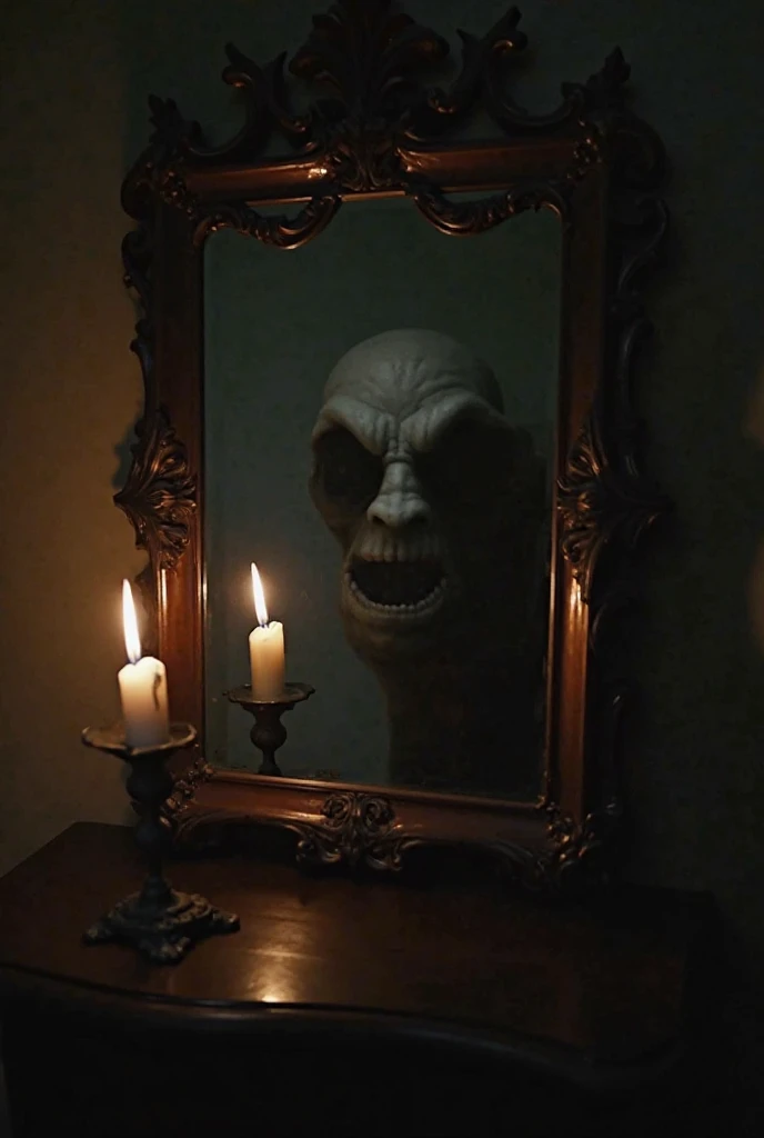 A menacing shadow emerging from an antique mirror. The mirror is in a dark room, with the soft light of a candle partially illuminating the distorted figure that begins to come out of the reflection. The expression of the figure in the mirror is malevolent...