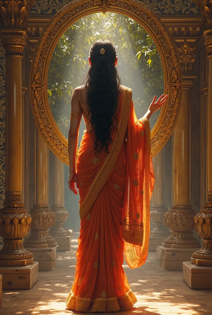 Lord Parvati in Sari getting ready for her marriage in her very rich raj mahal, seeing her self in very expensive Round shape mirror