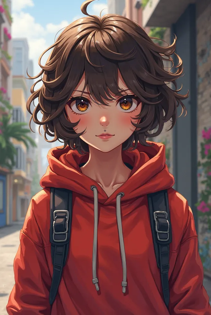 A age girl with brown curly hair hazel eyes a scar across her right eye a nose ring and a red hoodie in anime style