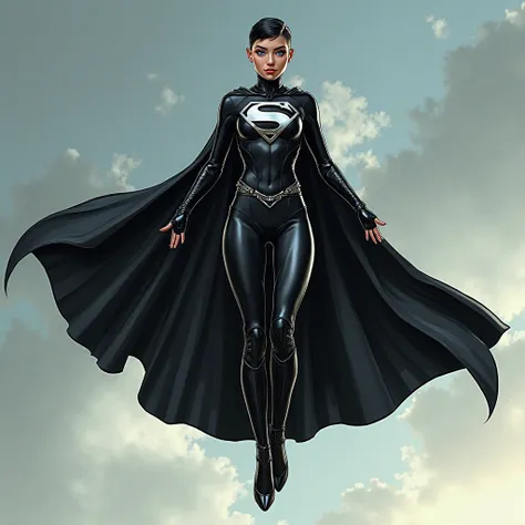 Comic-styled nonchalant Caucasian young woman with black Buzzcut hairstyle and blue eyes, hovering in the air wearing black Superman suit with long black cape and silver S symbol 