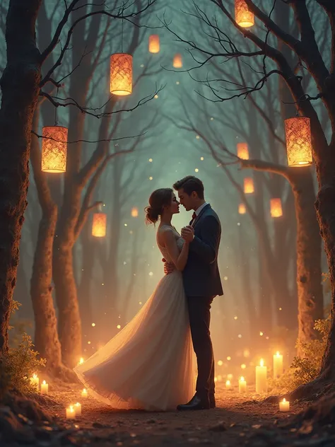 "An elegantly dressed couple dances under the light of floating lanterns in an enchanted forest at night. The woman wears a long, flowing dress, while the man wears a dark suit. Around you, tall trees without leaves create a magical atmosphere, illuminated...