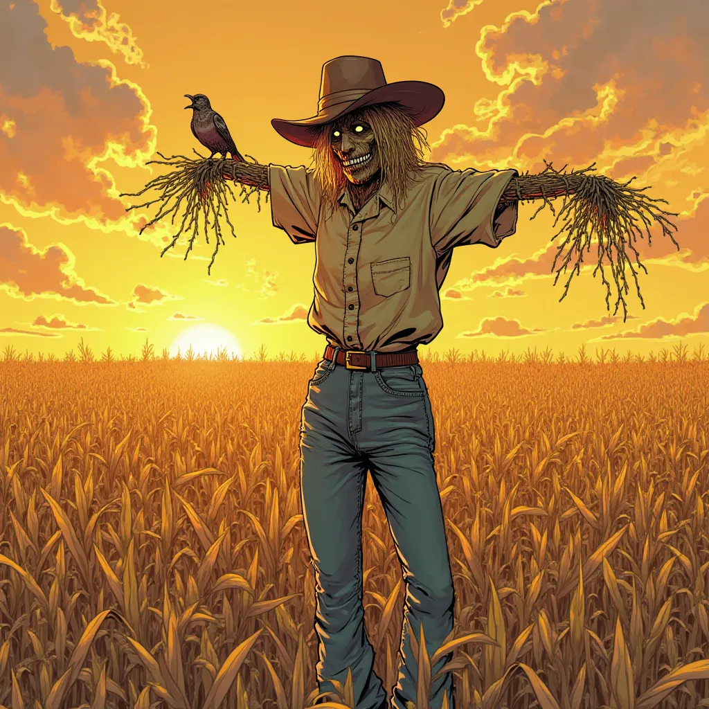 A tall, frayed female scarecrow stands in the middle of a vast golden corn plantation at sunset. On your shoulder a brown sparrow. Her arms made of sticks are stretched, holding an old, patched shirt. as the wind gently blows the dried leaves of the cornfi...