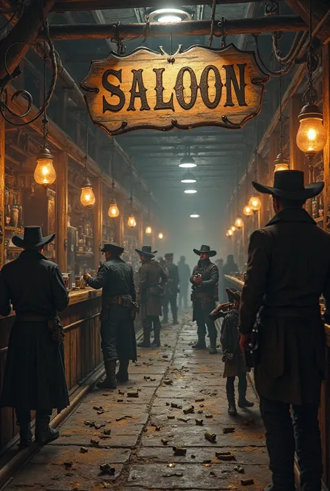 make a grimey saloon with the title above the bar, and shells from a revolver all over the floor from a shoptout. Make it sorta fantasy 