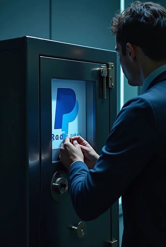 A photo of a person opening a safe where it was put the photo of the PayPal logo