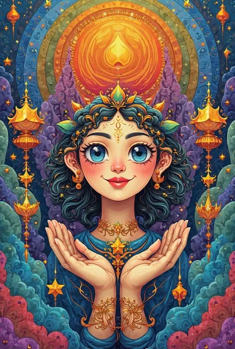 Create a mandala that has the following aspects: smiling figure, Star, radiant sun,  hourglass , open book, speech bubbles and hands together, each aspect with a different color but that is beautiful and aesthetic 