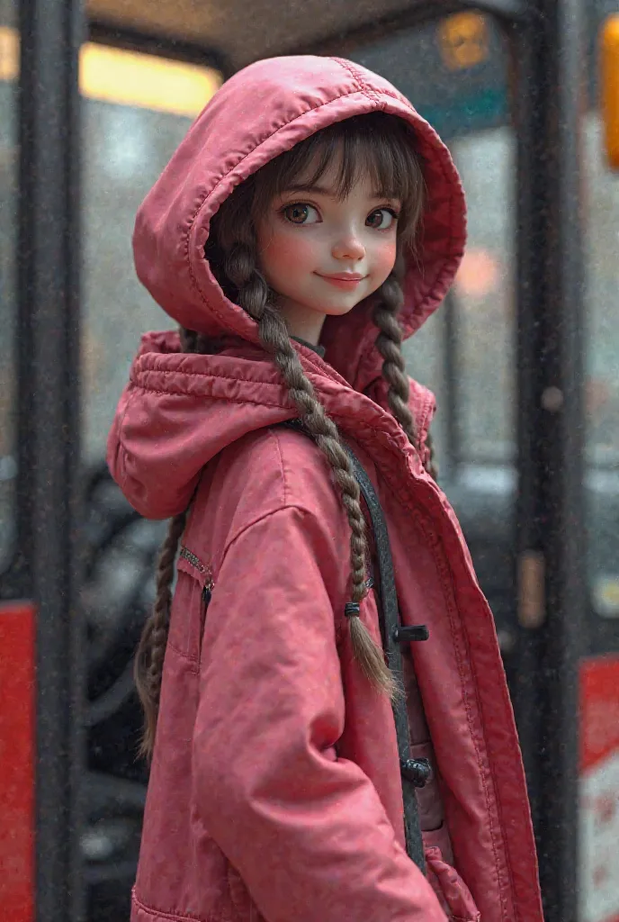 Humanized image Little Red Riding Hood wearing a pink jacket, Getting on a car bus