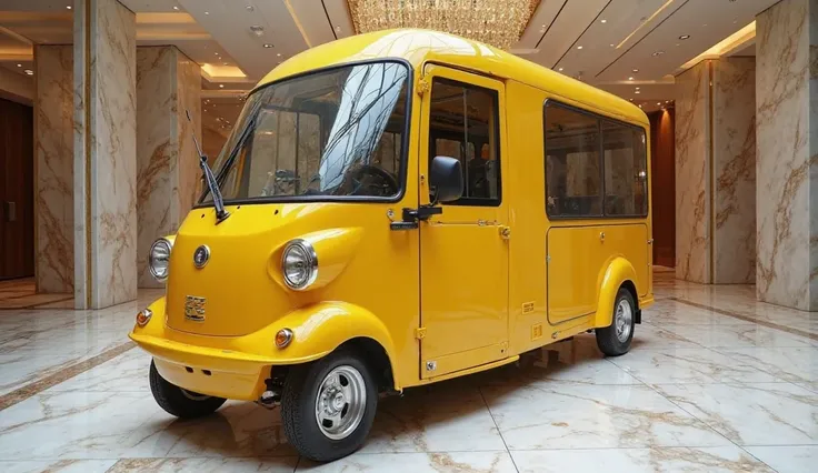 A bright yellow Bajaj Maxima rickshaw with three wheels is parked inside an enormous marble showroom. The showroom has a vast, polished marble floor and elegant marble walls, reflecting the vehicle’s glossy surface. The rickshaw is uniquely modified to be ...