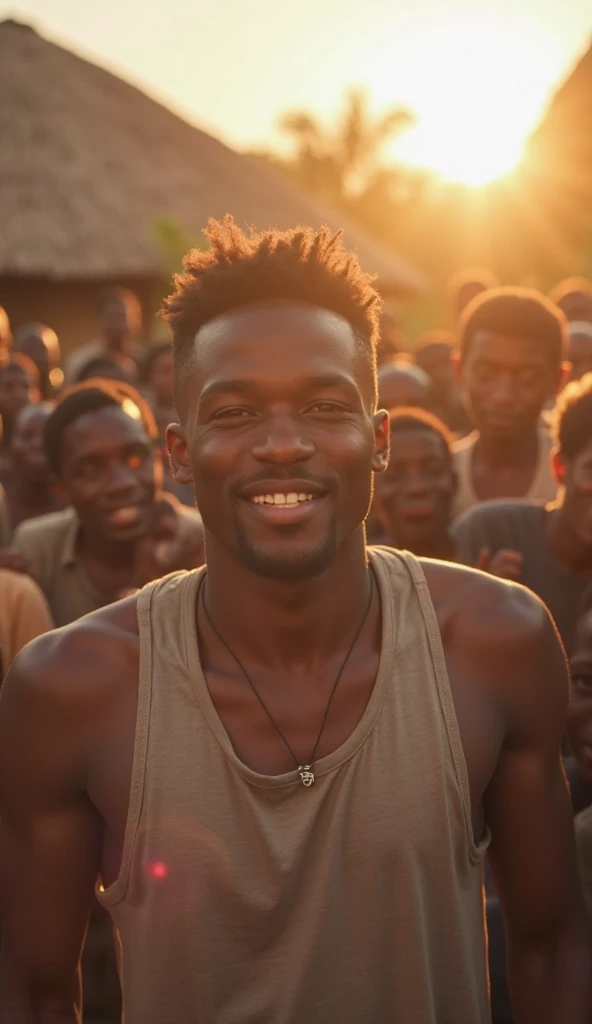 The young man is surrounded by people he has helped, and he is smiling with genuine happiness. The sun shines brightly, casting a golden glow over the village. His expression reflects fulfillment and inner peace as he embraces his new purpose in life.