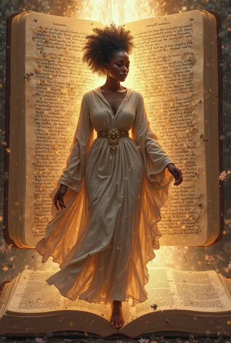 L'image d'une femme noire qui marche sur un chemin qui sort d'une bible ouverte