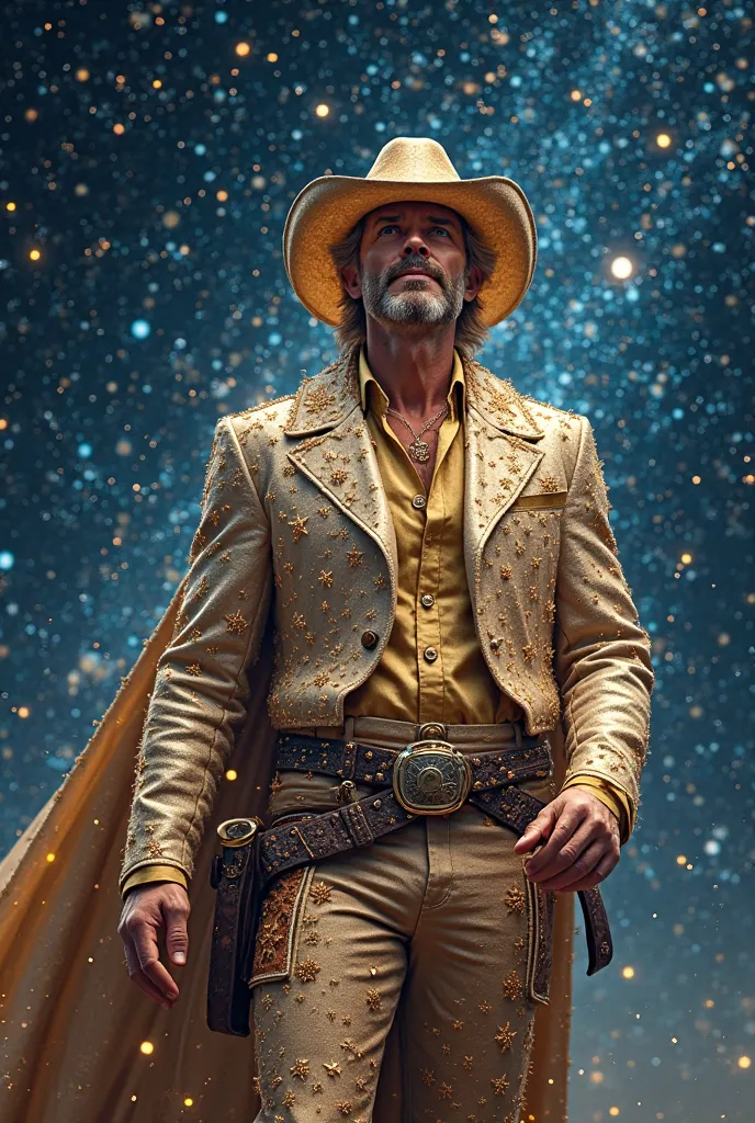 A handsome 42-year-old cowboy with blonde hair and no beard and has glittery stars and sparkles all over him with a shirt on while he looks at the cosmic stars