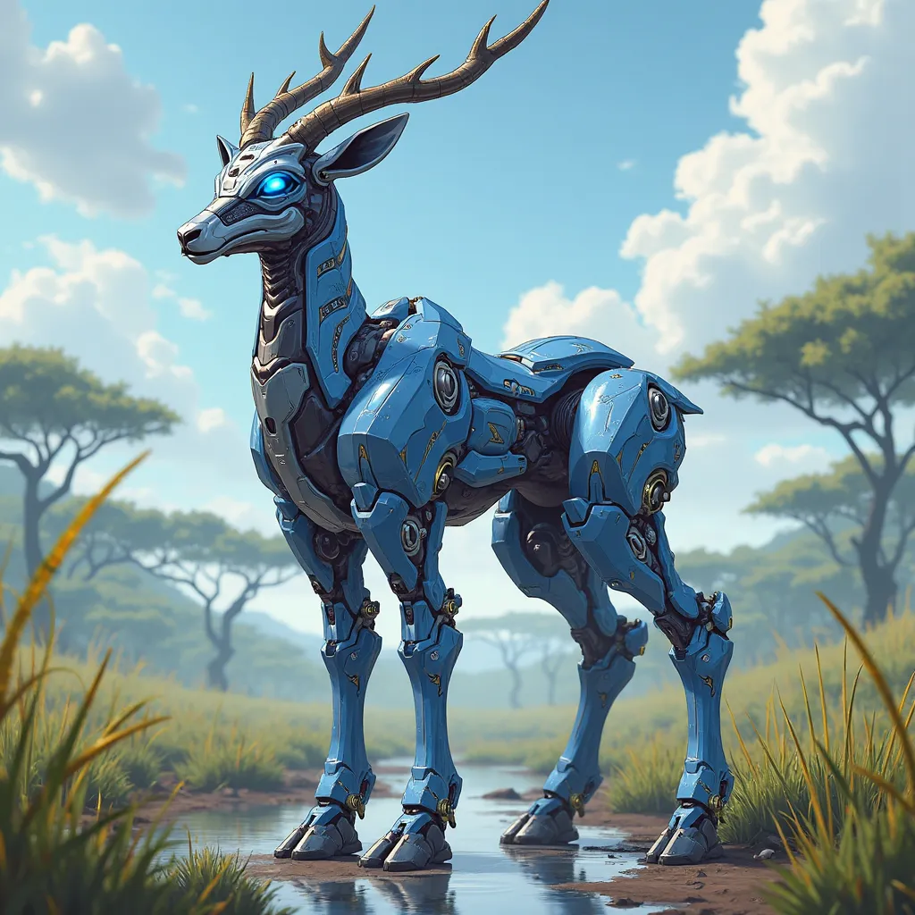  Draw an antelope robot in its animal form,  Megazord robotic style  , mecha, metallic,   blue and white, Wet Savannah Background , Anime style like the card Yu-Gi-Oh!.