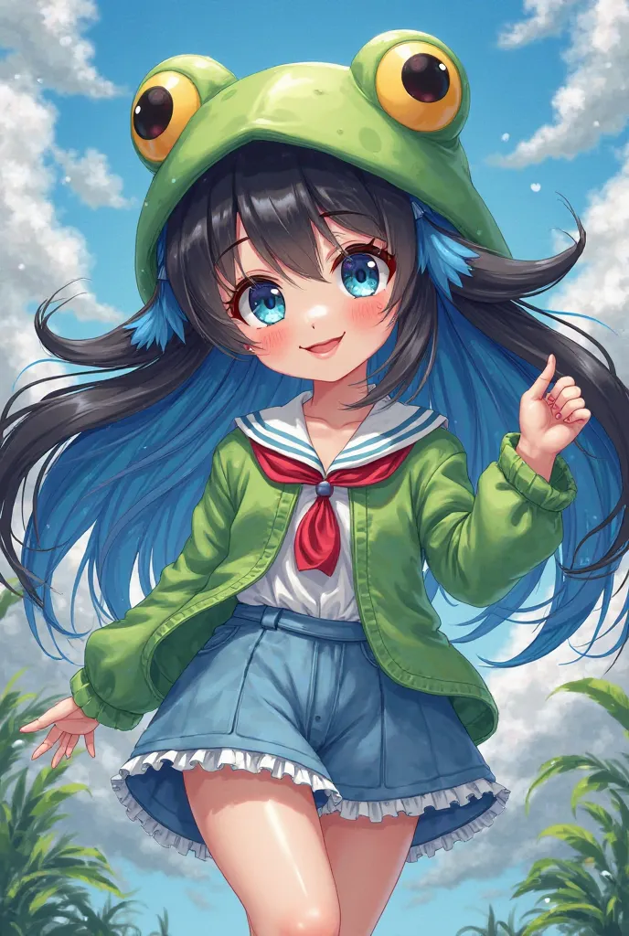 female anime-style character with black hair with blue tufts and frog hat 
