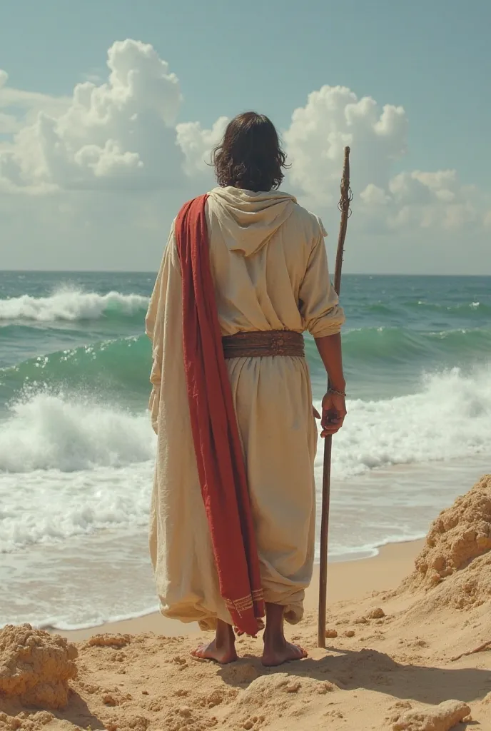 Hyper realistic POV image, Epochs before Christ, ,In the first person 
In the desert,wearing an old beige tunic with a red stripe , I have a staff in my right hand, I am standing in front of the sea that opens up in front of me creating huge waves next to ...