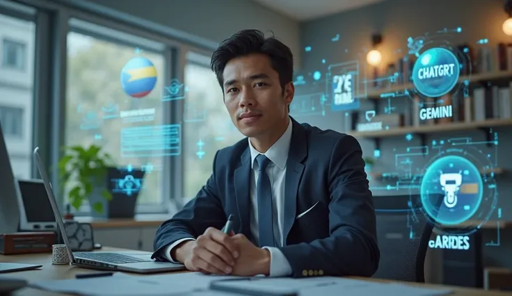 YOUNG 30-YEAR-OLD PUBLIC ACCOUNTANT SITTING IN LIGHT BROWN SKIN COLOR IN AN OFFICE WITH A SUBTLE AI ENVIRONMENT AND the Colombian flag pointing to the word CHATGPT, GEMINI AND JASPER