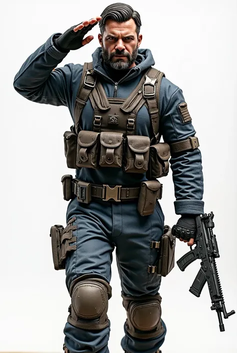 Rear view profile of marvels winter soldier buckybarnes, facial hair, rugged  scarf, holsters and harnest, baggy blue one piece jumpsuit with pouches and pockets and insignia on arm, rolled sleeves, single elbow pad, single knee pad, fingerless gloves, tac...